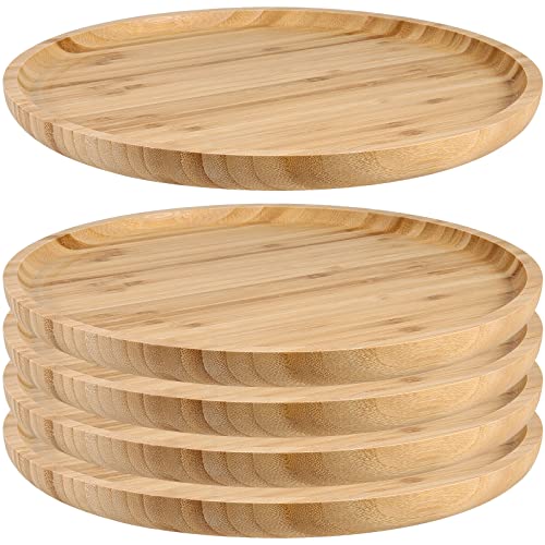 JOIKIT 5 Pack 10 Inch Bamboo Round Platter, 25cm Fine Polished Round Wood Plates Bamboo Serving Tray for Holding Fruit, Bread, Cheese, Nut, Coffee,