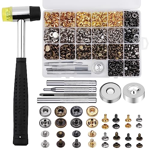 Yizzvb 320 Pcs Leather Rivets Kit, 60 Pcs Leather Snap Fasteners, 2 Size Leather Rivets Double Cap Rivet Kit, Double-Sided Nylon Hammer, 5 Pcs