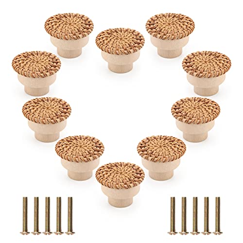 Pletpet 10 Packs Boho Rattan Dresser Knobs, Wood Knobs for Dresser Drawers Boho Dresser Handles Dresser Pulls Dresser Knobs Wood Rattan Drawer Knobs Drawers Wooden Door Knobs with 10 Screws