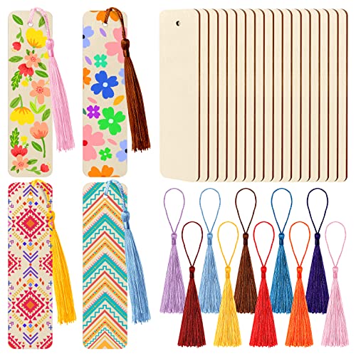 Ira Pollitt 100 Pieces Unfinished Wood Bookmark with Colorful Tassels 4.8 x 1.3 Inch Wooden Bookmark Wooden Blank Bookmarks Ornament Rectangle