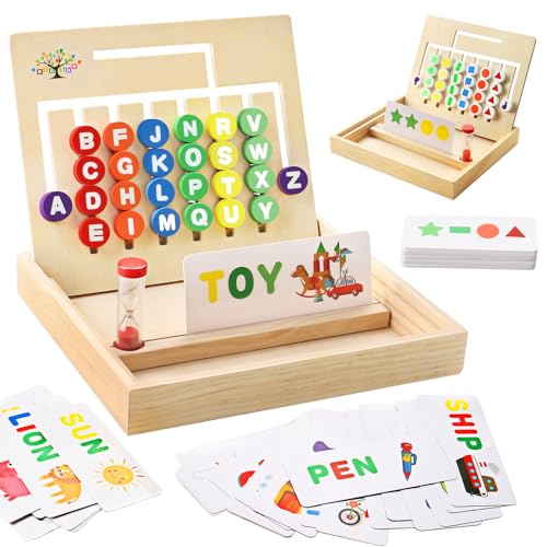 Wooden Montessori Toys for Kids 2 3 4 5 6 7 8 Years Old, Alphabet Learning Toys with 34 Cards, Color & Shape Matching Slide Puzzles Brain Teaser