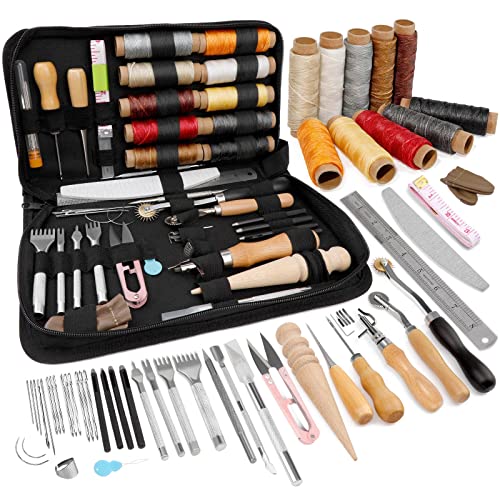 TLKKUE Leather Working Tool Kit, Leather Crafting Tools and Supplies for Beginners Leather Sewing Upholstery Repair Kit with Waxed Thread Awl Needle