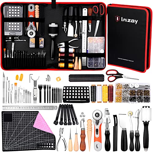 IMZAY 415Pcs Leather Tooling Working Kit, Compact Beginner Leather Tools and Supplies with Leather Stitching Sewing Carving Cutting Crafting Tools