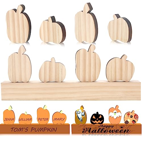 Thyle 4 Pcs Thanksgiving Fall Wooden Pumpkin Cutouts with a Holder 4 Design Unfinished Pumpkin Shaped Table Wooden Signs Blank Wood Pumpkin Cutout