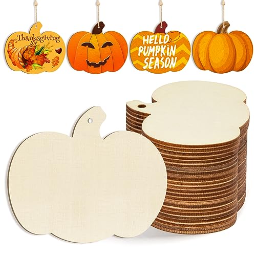 Wooden Pumpkins Ornaments to Paint Halloween Thanksgiving Decoration Cutouts Unfinished 24PCS 3.5 x 3 inches, DIY Blank Unfinished Pumpkin Wood Discs