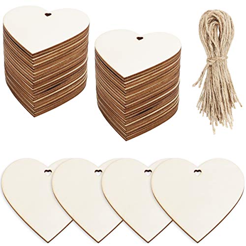 WYKOO 50 Pcs 3 Inch Natural Heart Wood Slices DIY Wooden Ornaments Unfinished Wooden Heart Embellishments with Natural Twine for Valentine’s Day,