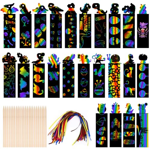 OSLINE 48Pcs Christmas Gift Tags for Kids, Scratch Art Paper for Kids Party Favor,DIY Rainbow Bookmark Making Kit for Kids,Craft Supplies Kits,Arts