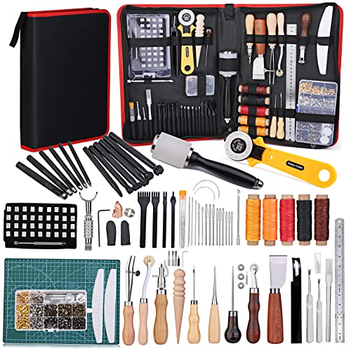 Leather Tooling Kit, Leather Working Tools, Leather Craft Tools Kits and Supplies with Leather Stamp Tools, Cutting Mat, Groover, and Rivets Kit for