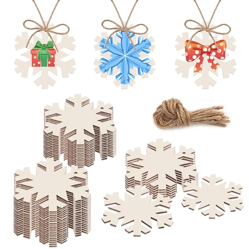 50PCS Unfinished Wood kit with Holes, Wood Slice for DIY Crafts, Blank Snow Wood Cutouts Wooden Tags Ornaments for Sign Gift Tags, Christmas