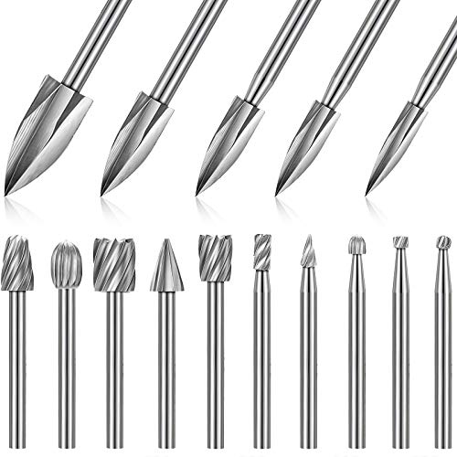 Honoson 15 Pieces Wood Carving and Engraving Drill Bit Set, Including Engraving Drill Accessories Bit and HSS Carbide Wood Milling Burrs for DIY