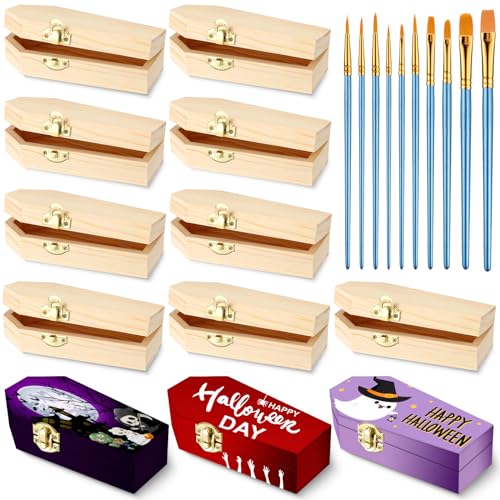 Sintuff 12 Pieces Unfinished Halloween Coffin Boxes with 10 Art Brushes 6 Inch Unfinished Wood Funeral Treasure Chest with Locking Clasp for