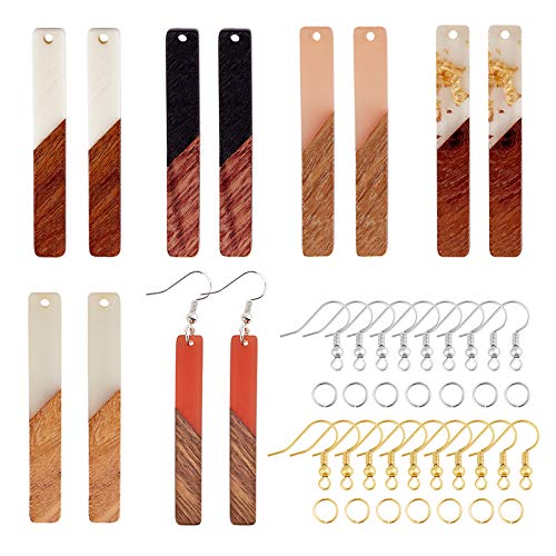 OLYCRAFT 12pcs 6 Color Rectangle Wood Resin Earring Making Kits Rectangle Wood Resin Earring Pendants Rectangle Resin Wood Charms with 60pcs Earring