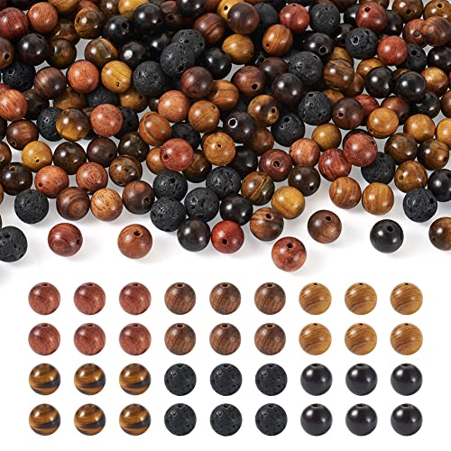 KISSITTY 300Pcs 6 Style Natural Wood Round Gemstone Beads Kit 8~8.5mm Including Lava Rock Beads & Grade AB Tiger Eye Wood Beads Natural Polished