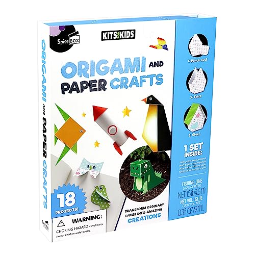 SpiceBox 3D Japanese Origami Paper Kit for Kids Easy Arts and Crafts with Instruction Book, Children’s Activity Set, 18 Paper Craft Projects