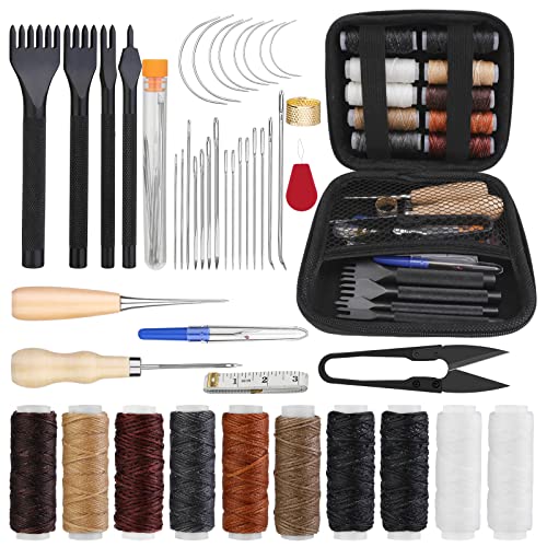 Yizzvb 46Pcs Leather Stitching Sewing Kit, Leather Sewing Tool Kit with 4mm Lacing Stitching Chisel, Waxed Thread and Large-Eye Stitching Needles for