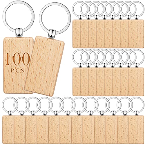 Yinkin 100 Pieces Wooden Keychain Blanks Wood Key Chain Bulk Unfinished Wooden Engraving Key Tag Ring for DIY Gift Crafts(Rectangle)