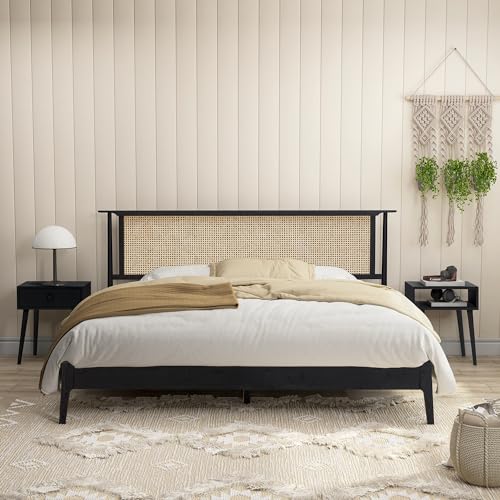 NTC Ruby Burnt Black Wooden Bed Frame with Natural Rattan Headboard, Silent Slats, and Solid Oak Foundation – King Size