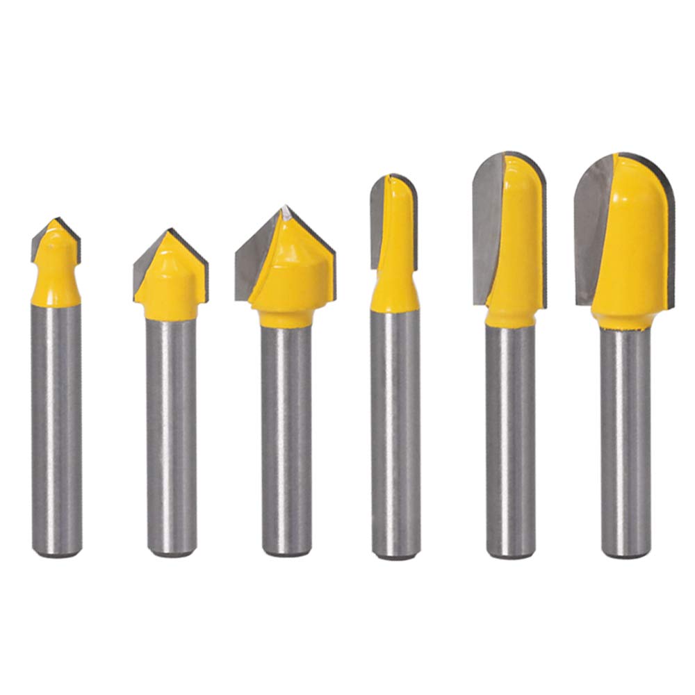 Yakamoz 6Pcs 1/4″ Shank Carbide 90 Degree V-Groove and Round Nose Groove Router Bit Set 3D CNC Signmaking Lettering Engraving Cutter Woodworking