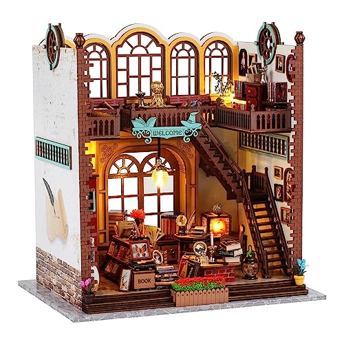 DIY Miniature Wooden Dollhouse Kit: Magic Book Store House with Furniture and LED – Great Handmade Crafts Model Building Kit Decor Gifts for Adults