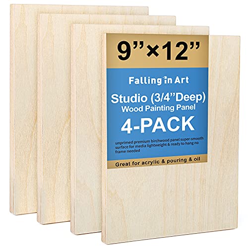 Falling in Art Unfinished Birch Wood Canvas Panels Kit, Falling in Art 4 Pack of 9×12’’ Studio 3/4’’ Deep Cradle Boards for Pouring Art, Crafts,