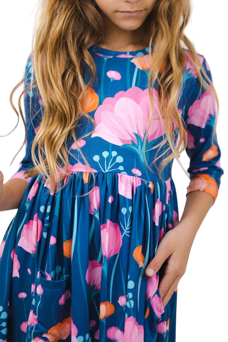 Poppies 3/4 Sleeve Pocket Twirl Dress