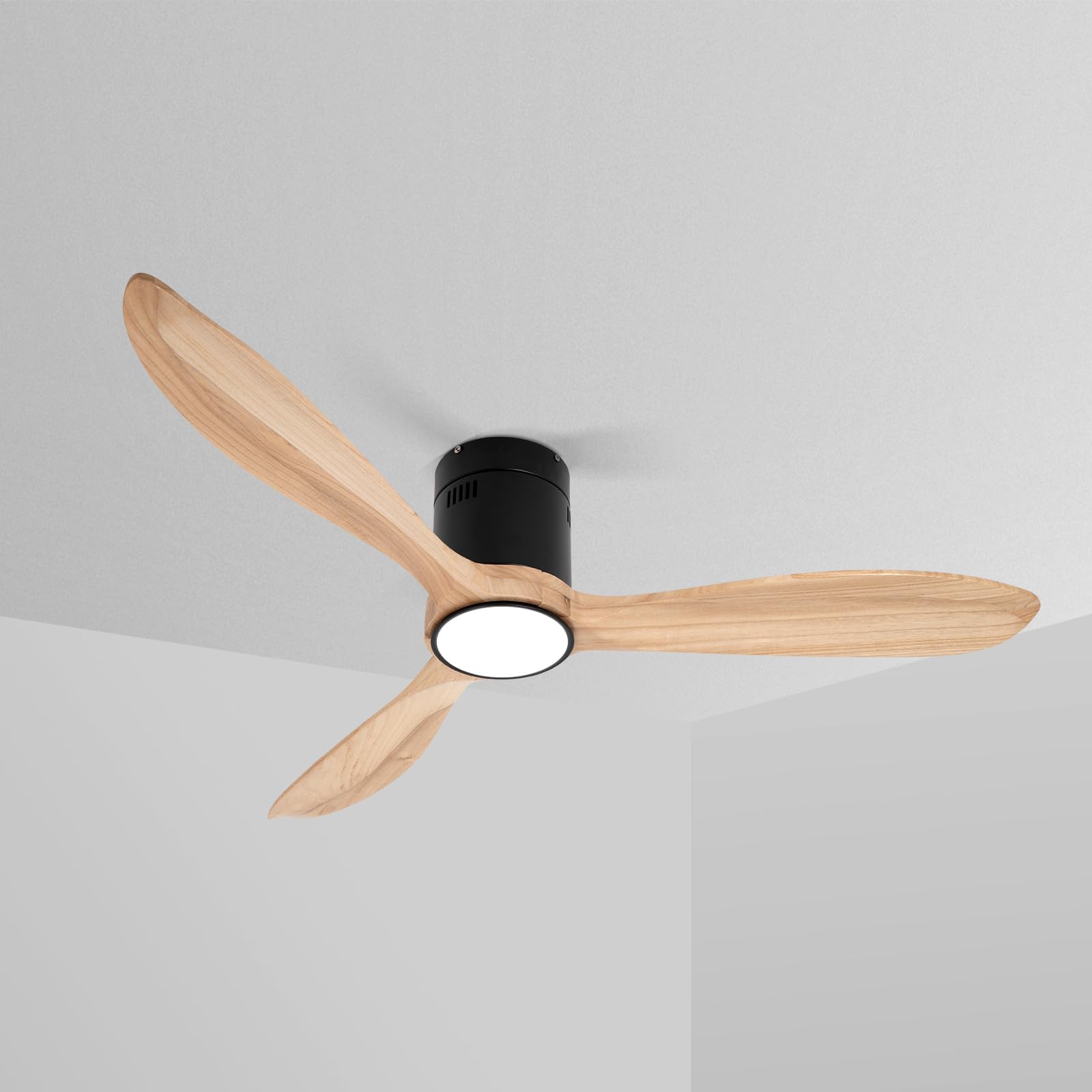 VACILL Flush Mount Ceiling Fan with Light,Low Profile Ceiling Fan,Wooden Fan Blades,6 Speed,LED Dimmable,DC Motor,52 inch,Natural Wood Blade