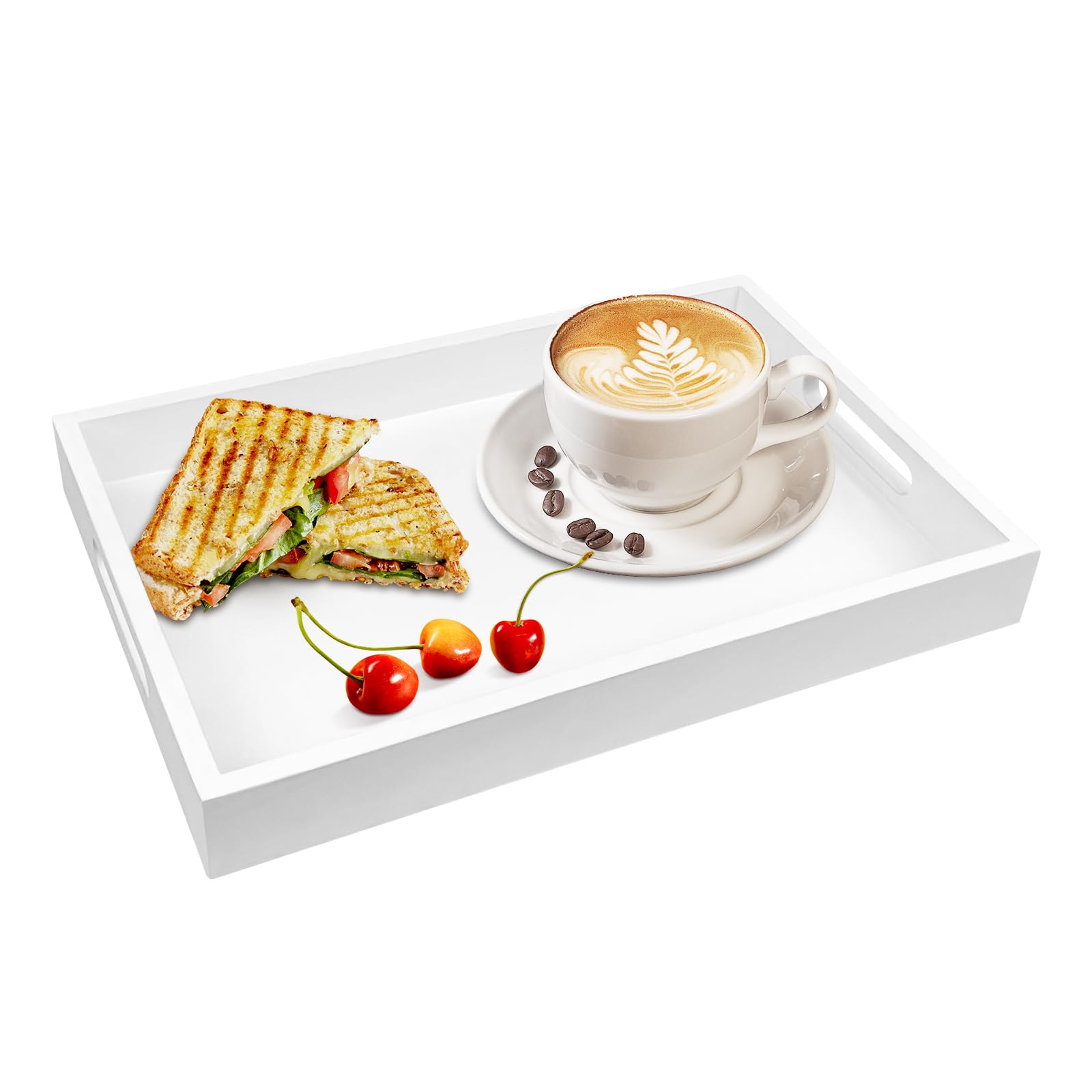 VUMSUM Wooden Serving Tray for Breakfast,Dinner, Drinks,Snacks,Serving Tray with Handles Great for Eating,Working and Storing,Serving Tray Used in Bedroom, Kitchen,Living Room and Bathroom (White)