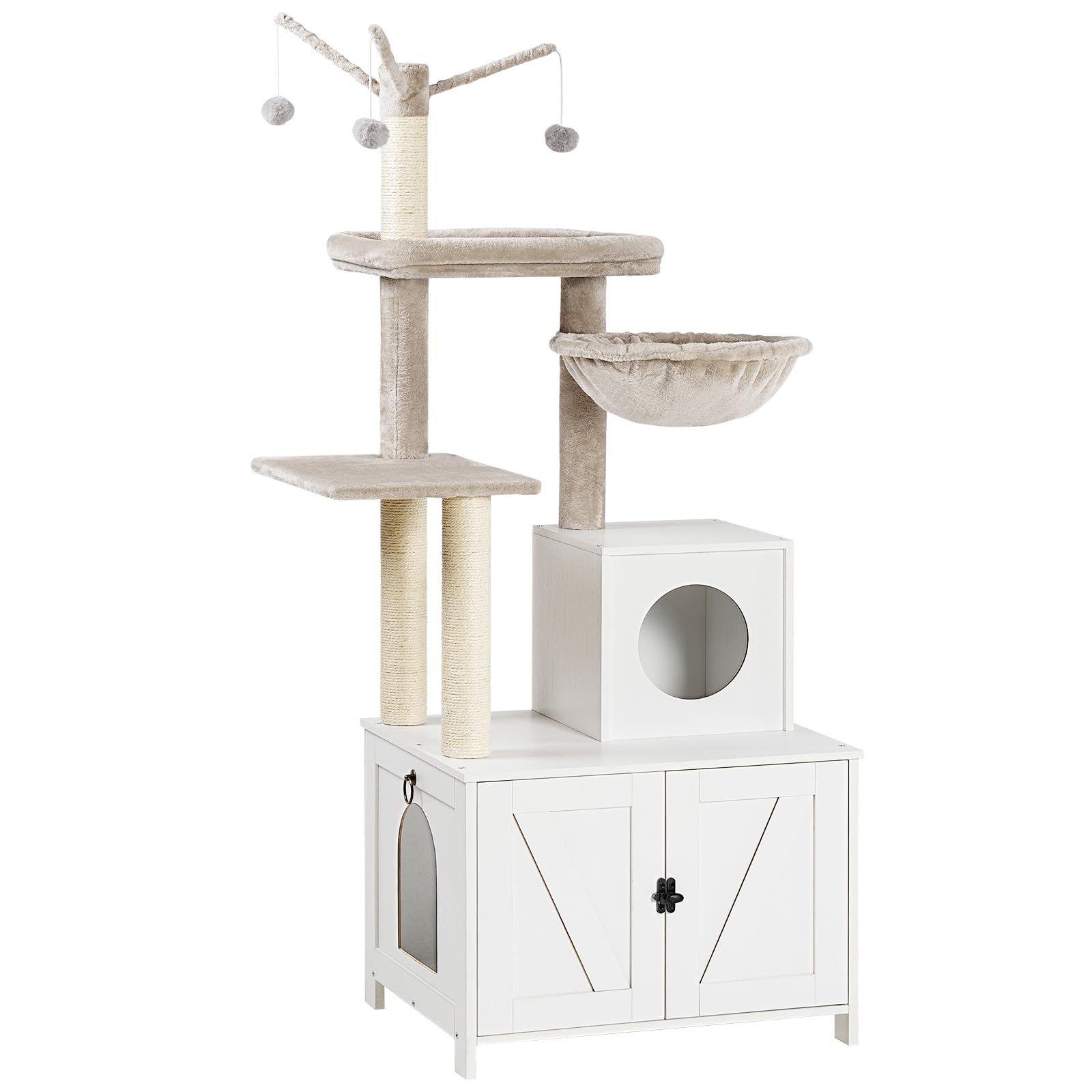 HOOBRO Cat Tree Tower with Litter Box Enclosure for Indoor Cats, Wooden Cat Condo with Scratching Posts, Cat Litter Box Furniture Hidden, All-in-One Cat Toy with Cat House, White WT15MZ03