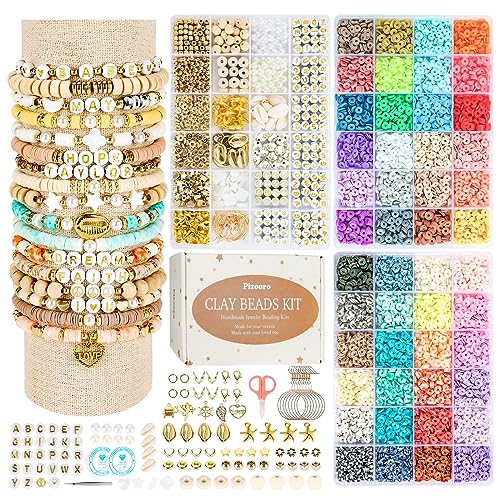 Pizooro Clay Beads 3 Boxes Bracelet Making Kit, 10500pcs Beads for Jewelry Making, Round Letter Beads with Charm and Elastic Strings, Friendship