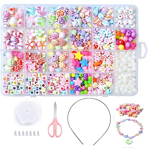 Beads Art Crafts Toys, Acrylic Beads Bracelet Making Kits DIY Beads Kits 24 Different Types and Shapes Colorful Acrylic Beads for Girls Kids DIY Bead