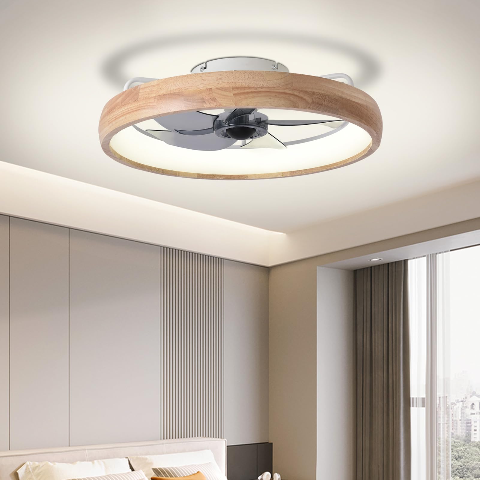 WenineStar 20” Ceiling Fan with Light, Dimmable LED Timing with Remote Control, 5 Invisible Reversible Blades Semi Flush Mount Low Profile Fan, Arc Wooden Frame