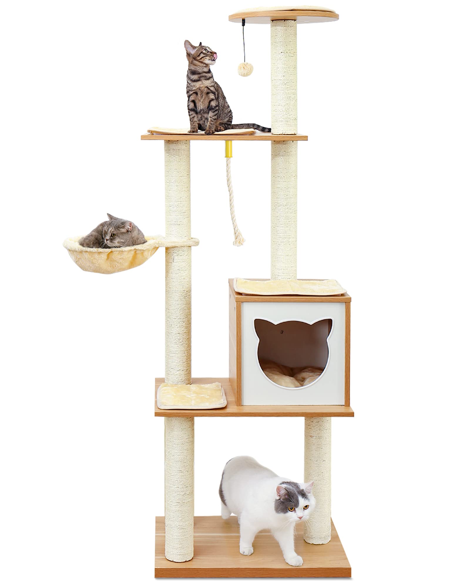 Made4Pets Cat Tree, Modern Cat Tree Tower for Indoor Cats – 65″ Tall Wood Condo with Hammock, Scratching Post and Removable Pads for Small Large Cats