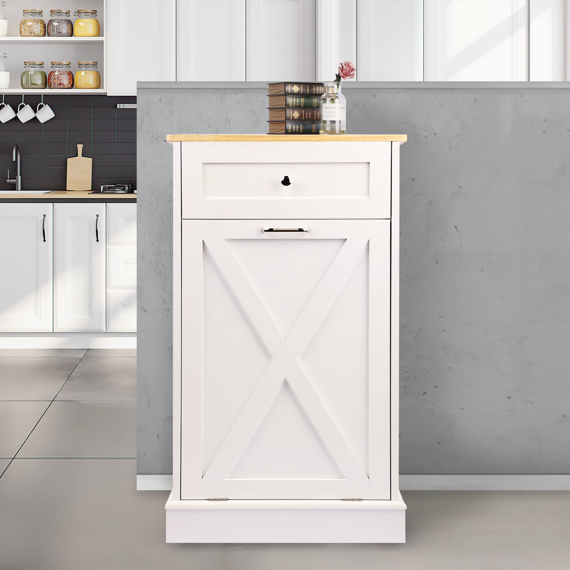 TOLEAD Tilt Out Trash Cabinet,Antique-Style Barn Door Kitchen Island with Solid Wood Tabletop & Drawer, Pet Proof Trash Can, Wood Laundry Cabinet（White）