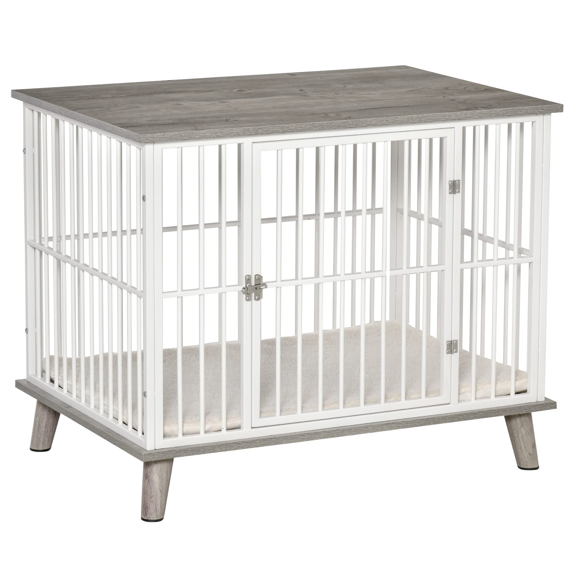 PawHut Dog Crate Furniture, Wooden End Table with Cushion & Lockable Door, Medium Size Pet Crate Indoor Puppy Cage, Grey