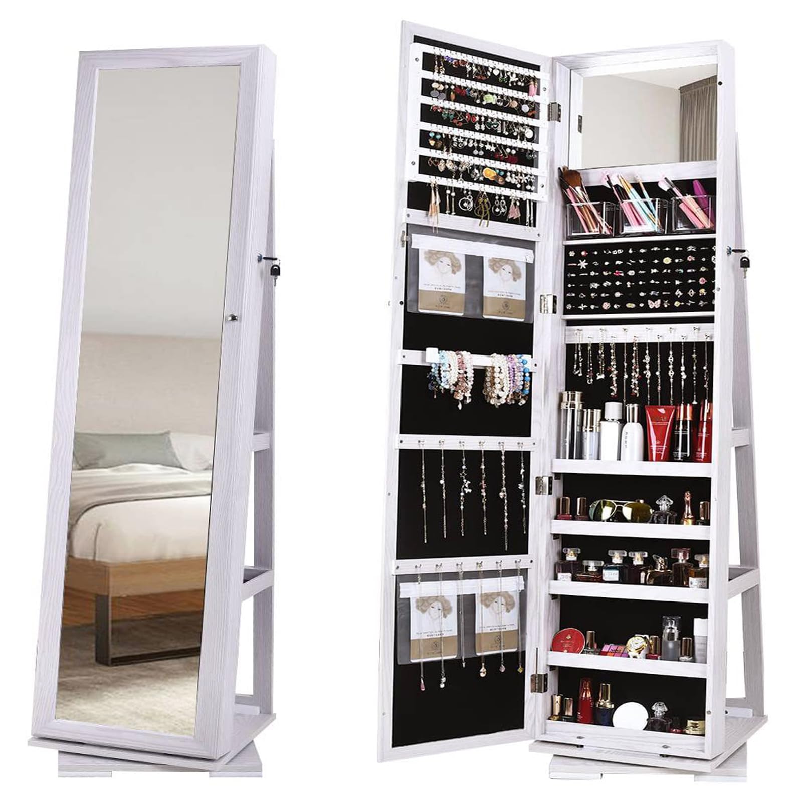 SDHYL Rotating Jewelry Cabinet with Mirror, Full Length Wooden Storage Armoire with Lock