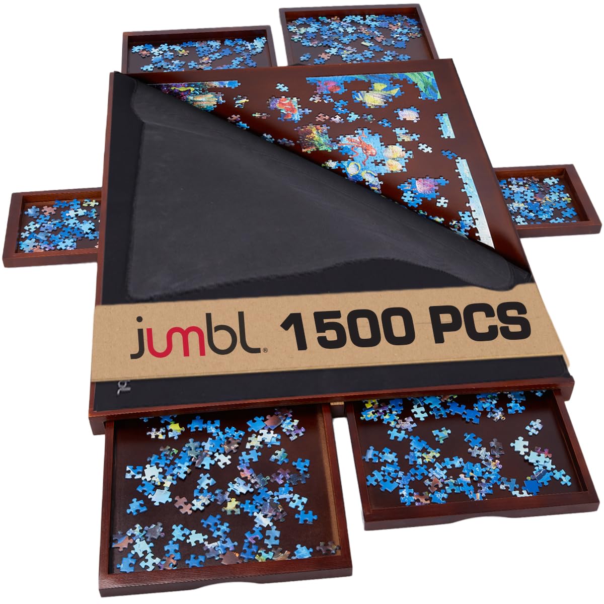 Jumbl 1500-Piece Puzzle Board w/Cover | 27” x 35” Jigsaw Puzzle Table w/ 6 Removable Storage & Sorting Drawers | Smooth Plateau Fiberboard Work Surface & Reinforced Hardwood | for Games & Puzzles