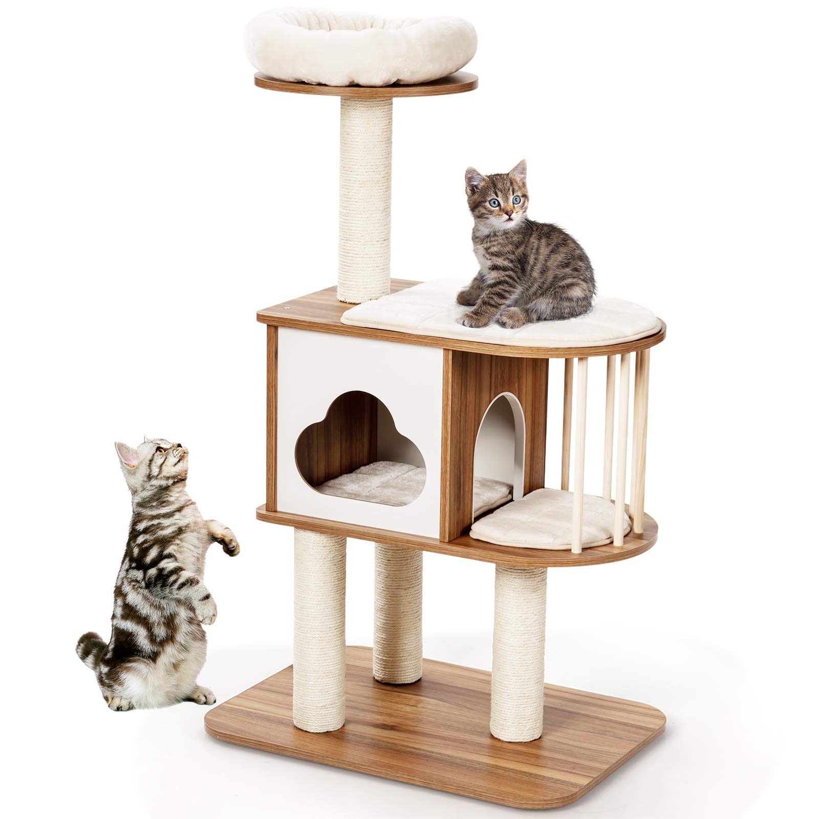 Tangkula Modern Wood Cat Tree, 46 Inches Cat Tower with Platform, Cat Activity Center with Scratching Posts and Washable Cushions, Wooden Cat Condo Furniture for Kittens and Cats (Natural)