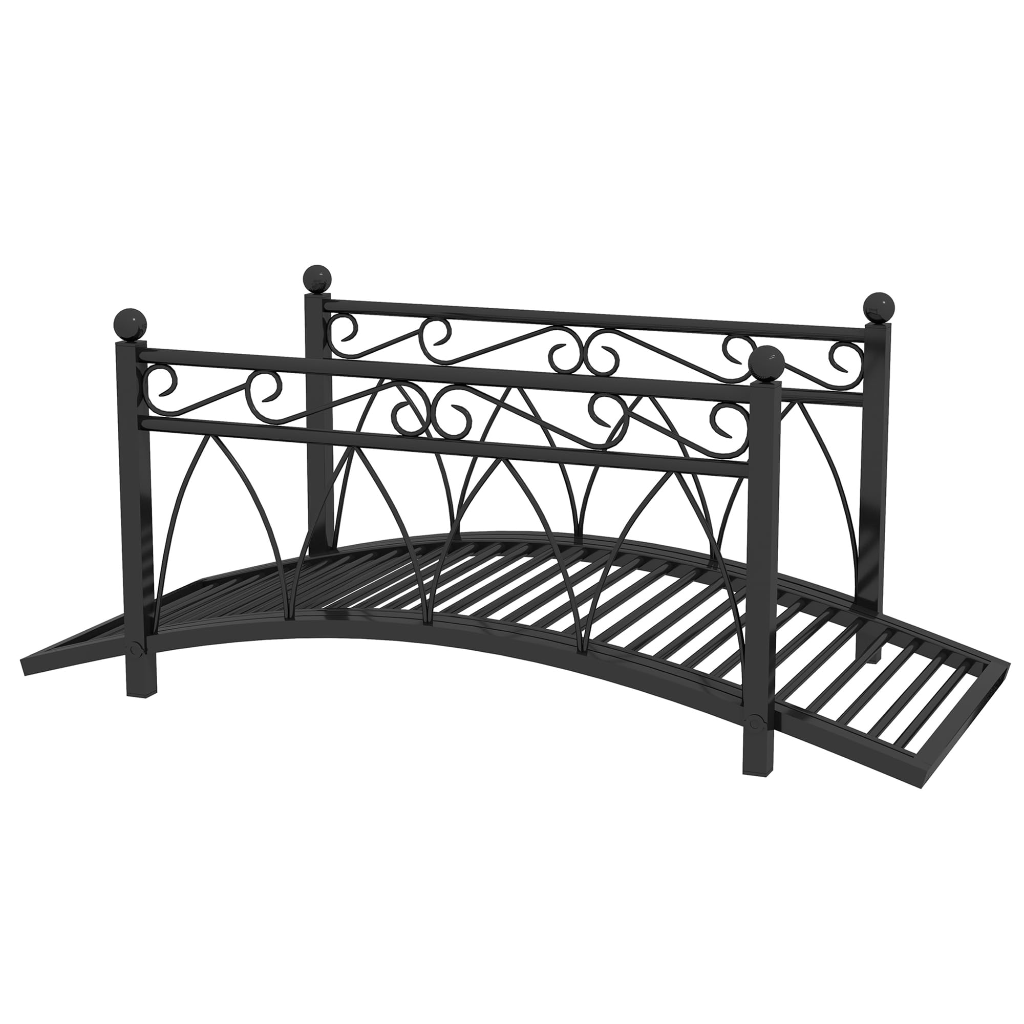 Outsunny 3.3′ Metal Arch Zen Garden Bridge with Safety Siderails, Decorative Footbridge, Delicate Scrollwork & Corner Spheres for Stream, Fish Pond, Black