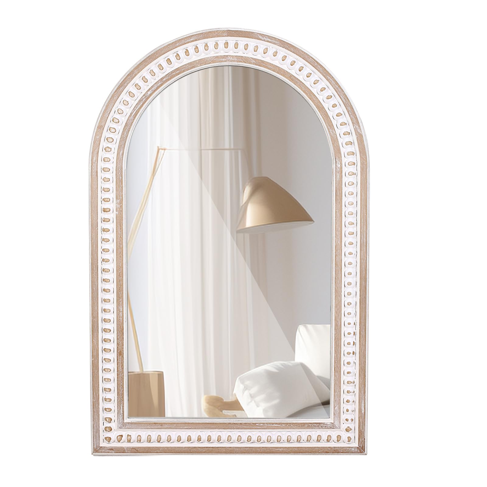 36 X 24” Arched Wall Mirrors Farmhouse Mirror, Boho Bathroom Mirrors Wooden Frame with Beaded Decor Rustic Decorative Mirror for Washroom, Living Room, Entryway, Foyer Distressed Accent Mirror