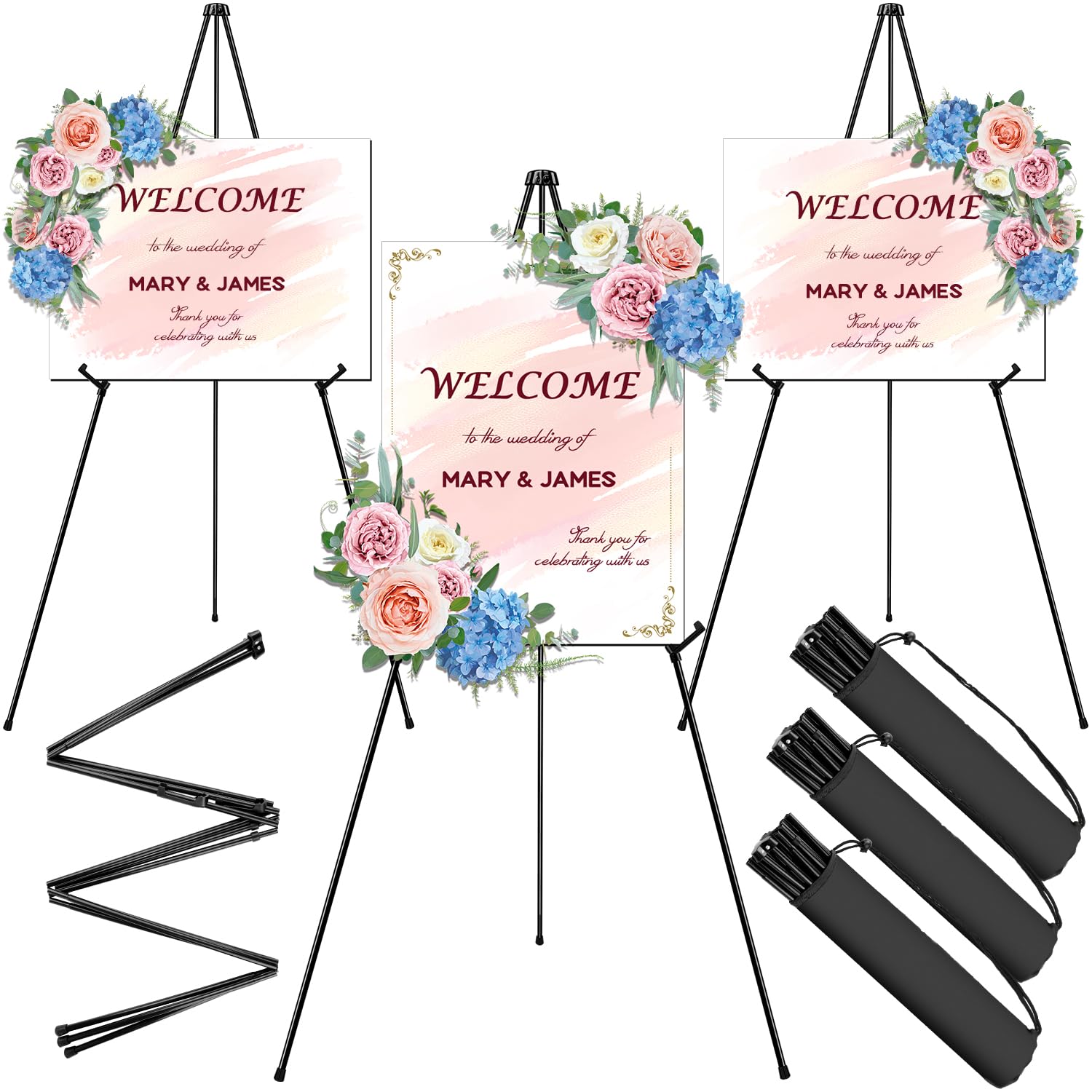 AROIC 63″ Easel Stand for Display, 3 Pack Portable Foldable Metal Easel, Easels for Signs Wedding Logos,Arts, Painting,Adjustable Floor Easels with 3 Storage Bag