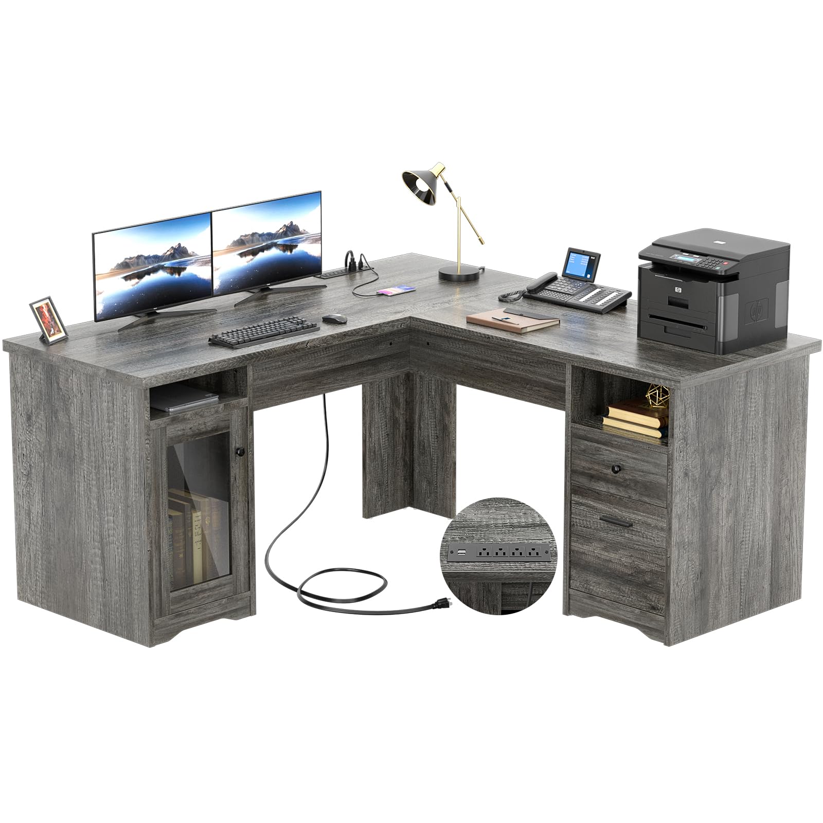 Unikito L Shaped Desk with Drawers, 60 Inch Corner Computer Desks with USB Charging Port and Power Outlet, Large 2 Person Home Office Table with File Cabinet, Black Oak