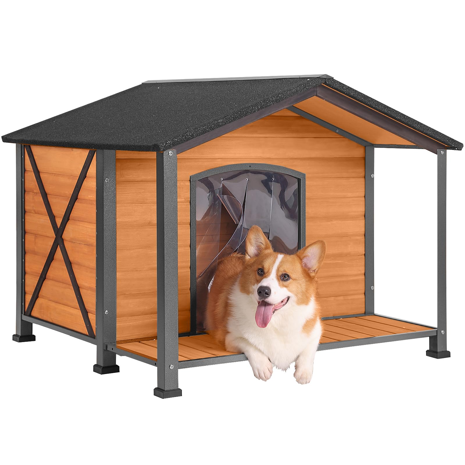 Aivituvin Dog House with Anti-Chewing Metal Frame Outdoor Large Wooden Dog Kennel Outside with Overhang Roof Large Porch Weatherproof