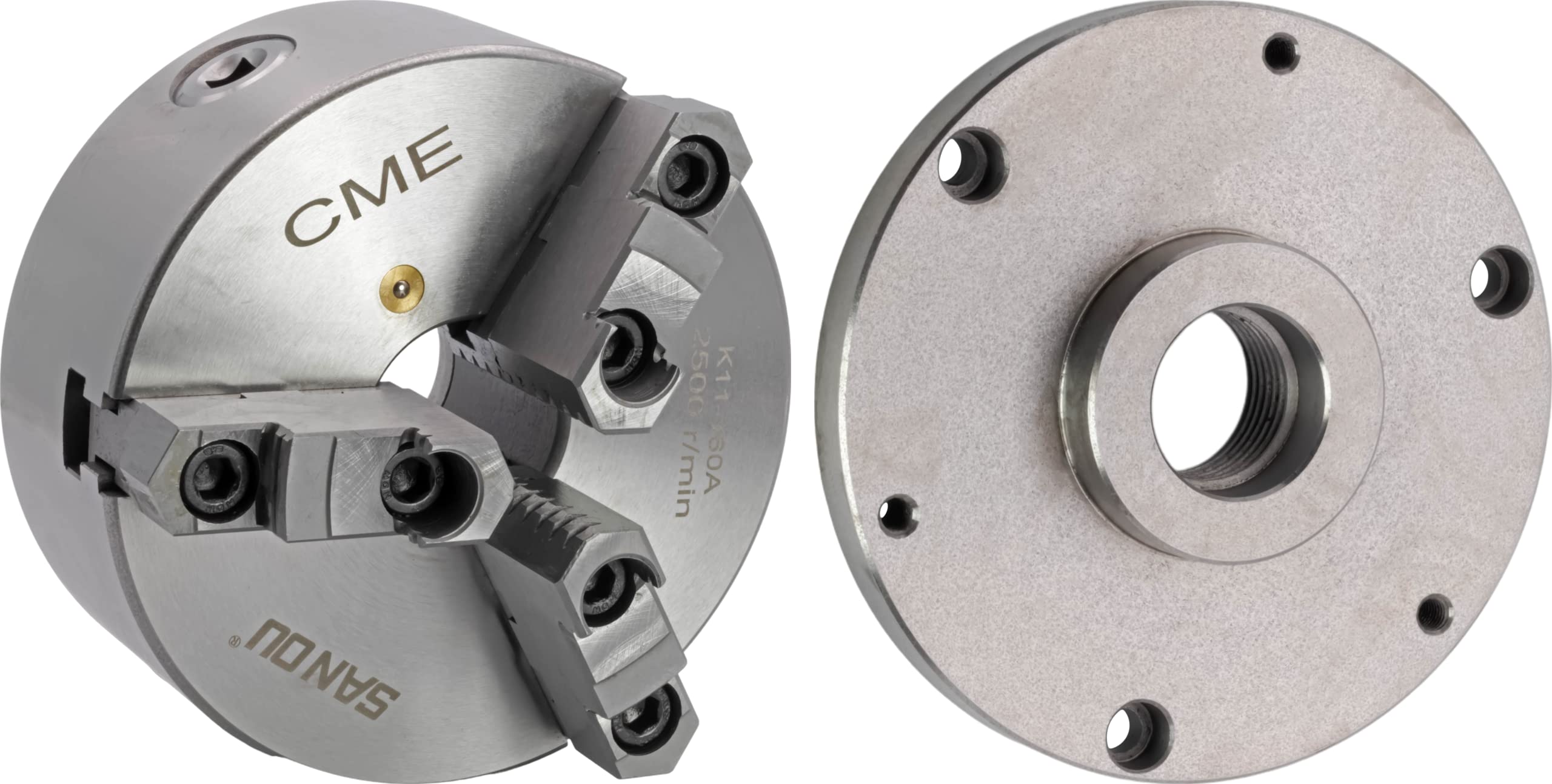 CME 6″ 3-Jaw Self-Centering (Scroll) Lathe Chuck with 1 1/2″-8 Threaded Backing Plate, Two-Piece Reversible Jaws