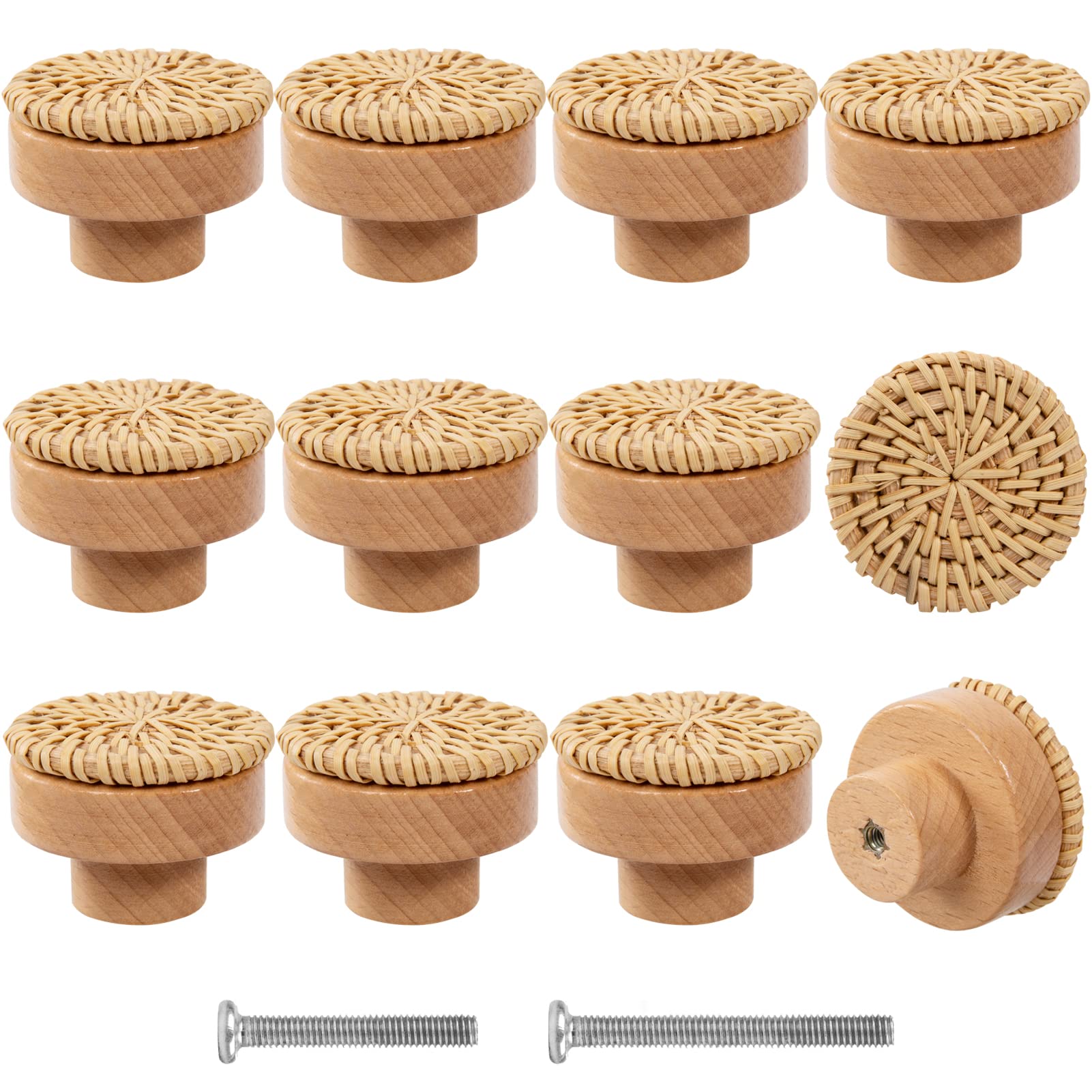 ANPHSIN 12 Pack Boho Rattan Dresser Knobs- Durable Beech Wood Drawer Knobs Handmade Wicker Woven Pulls with 24 Screws for Cabinets, Furniture