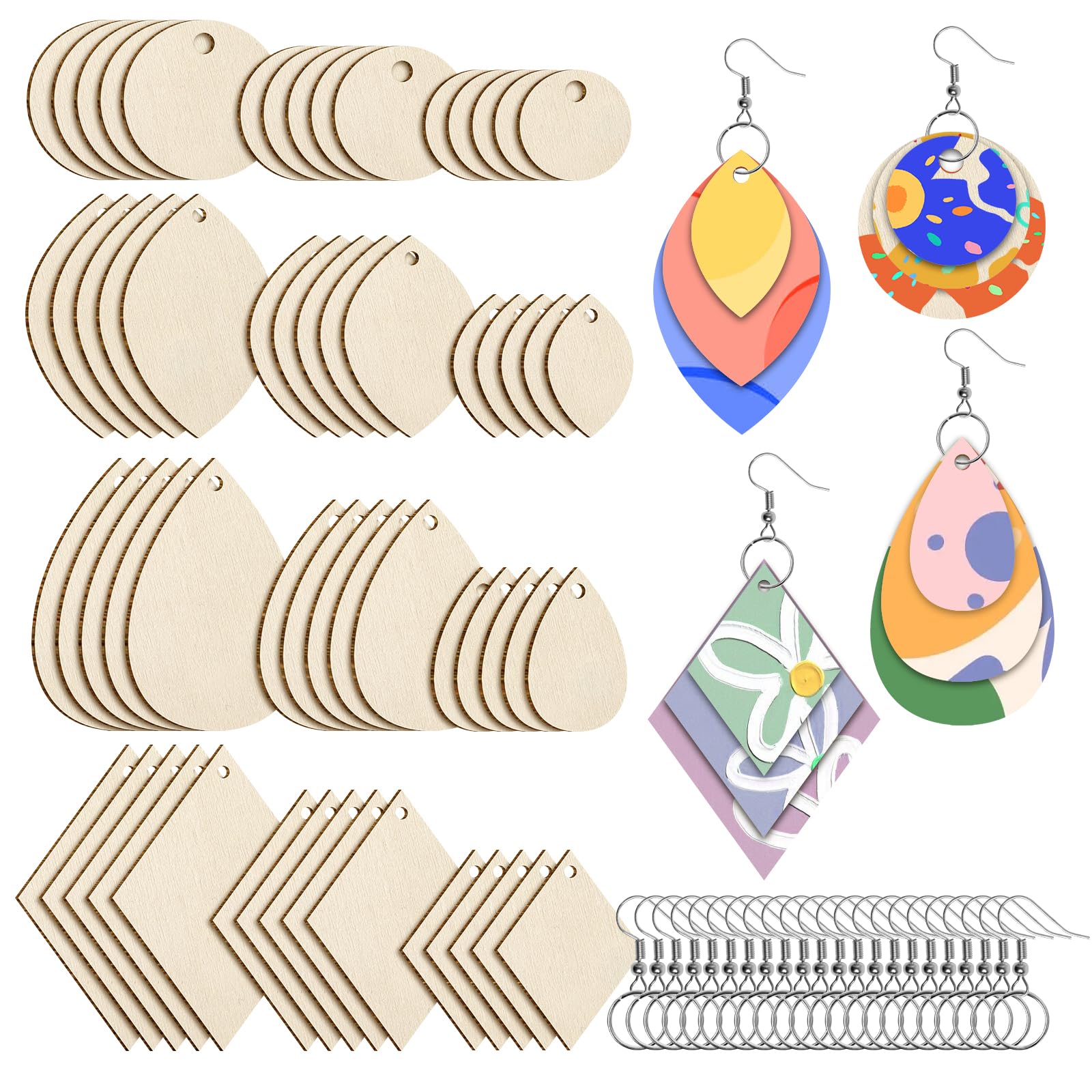 wexpw 320 Pieces Unfinished Wooden Earrings Blank Wood for Earring Pieces 4 Shapes for Wooden Earring with 100pcs Earring Hooks &100pcs Jump Rings