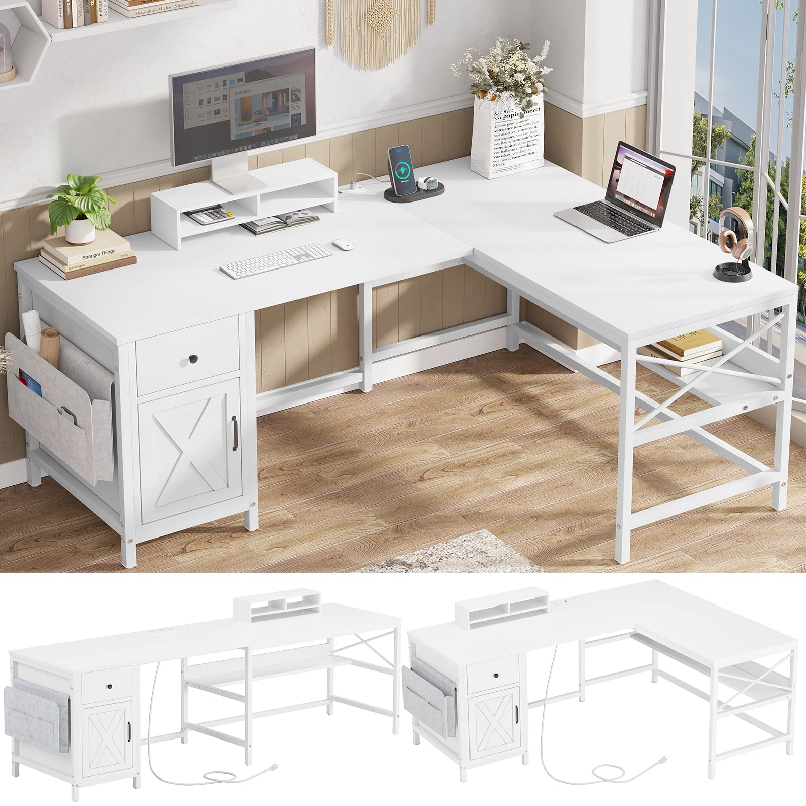 SEDETA 86.6″ Convertible L Shaped Computer Desk with Drawer and Power Strip – White Home Office Solution