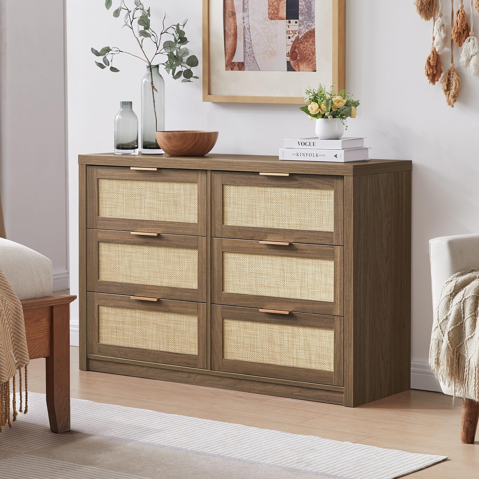 OAKHAM HOME 6 Drawer Dresser for Bedroom, Storage Rattan Cabinet, Boho Dresser Chest, TV Stand of Drawers, Wood Drawer Organizer for Living Room, Hallway (Special Walnut)