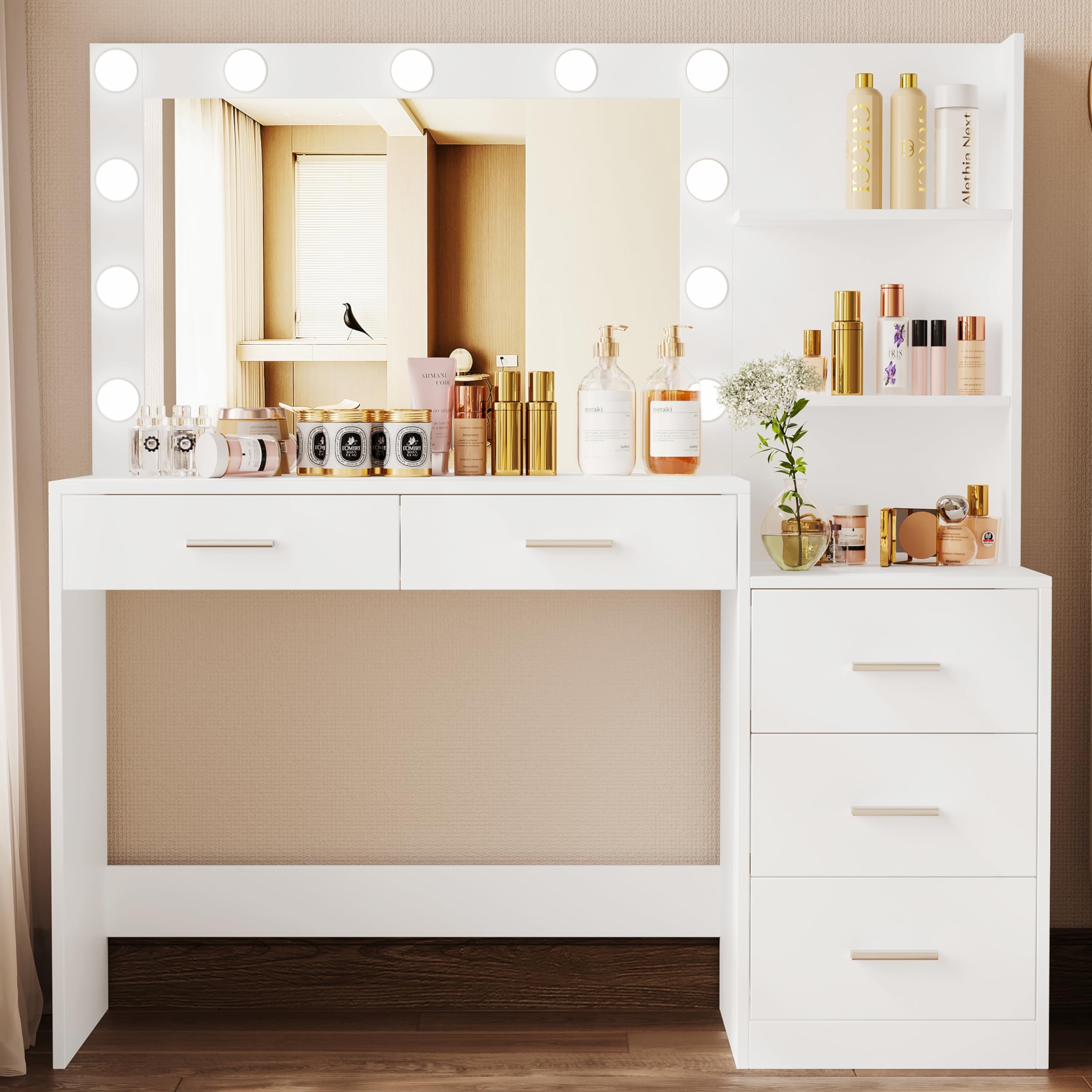 Rovaurx 46.7″ Makeup Vanity Table with Lighted Mirror, Large Vanity Desk with Storage Shelf & 5 Drawers, Bedroom Dressing Table, 11 LED Lights, White RSZT106W