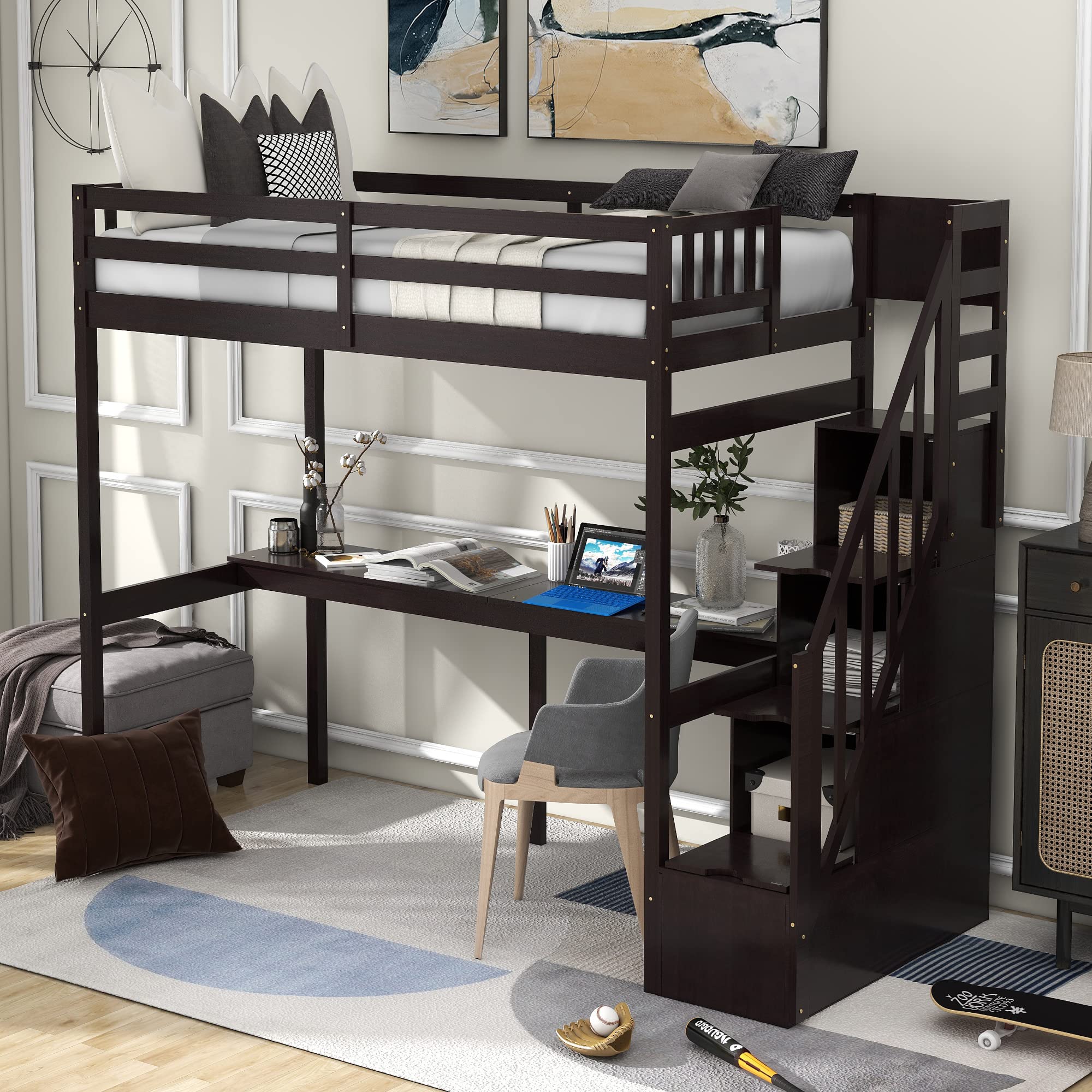 SOFTSEA Espresso Twin Loft Bed with Storage Staircase, Desk, and Safe Access for Kids