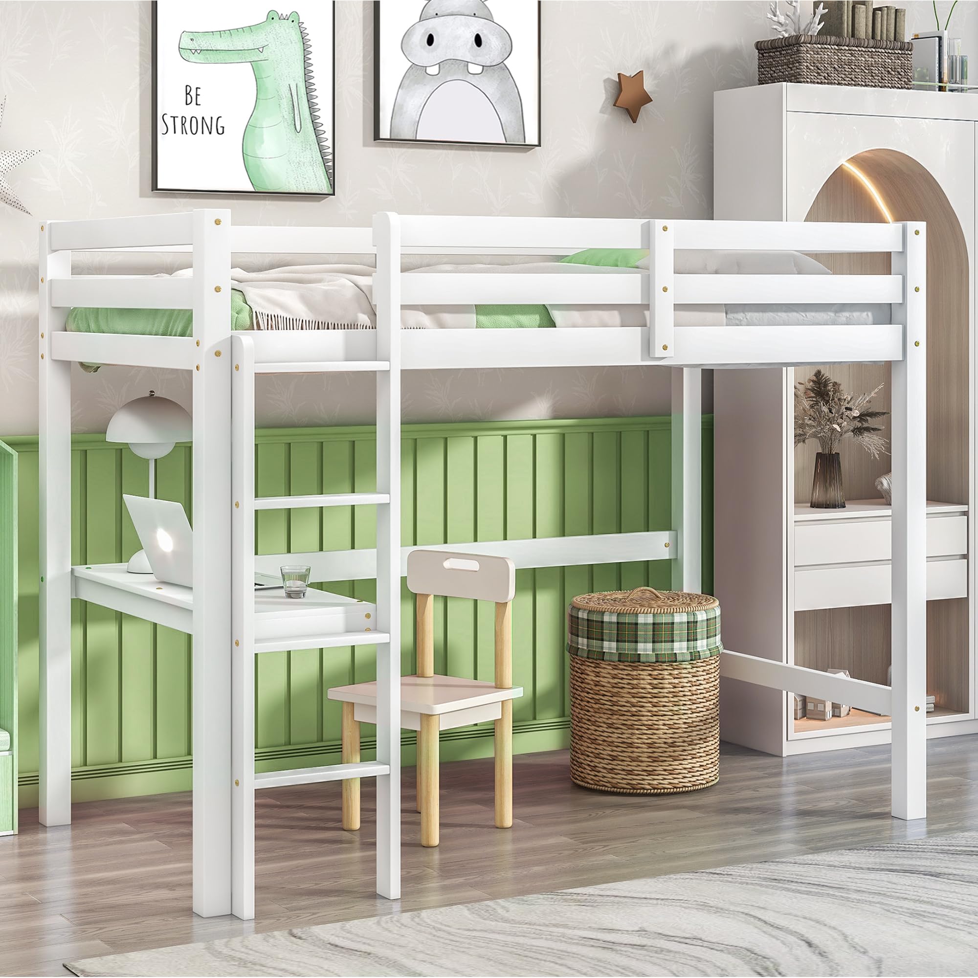 LifeSky Twin Loft Bed with Built-in Desk and Stairs – Durable White Wood Frame for Kids and Teens